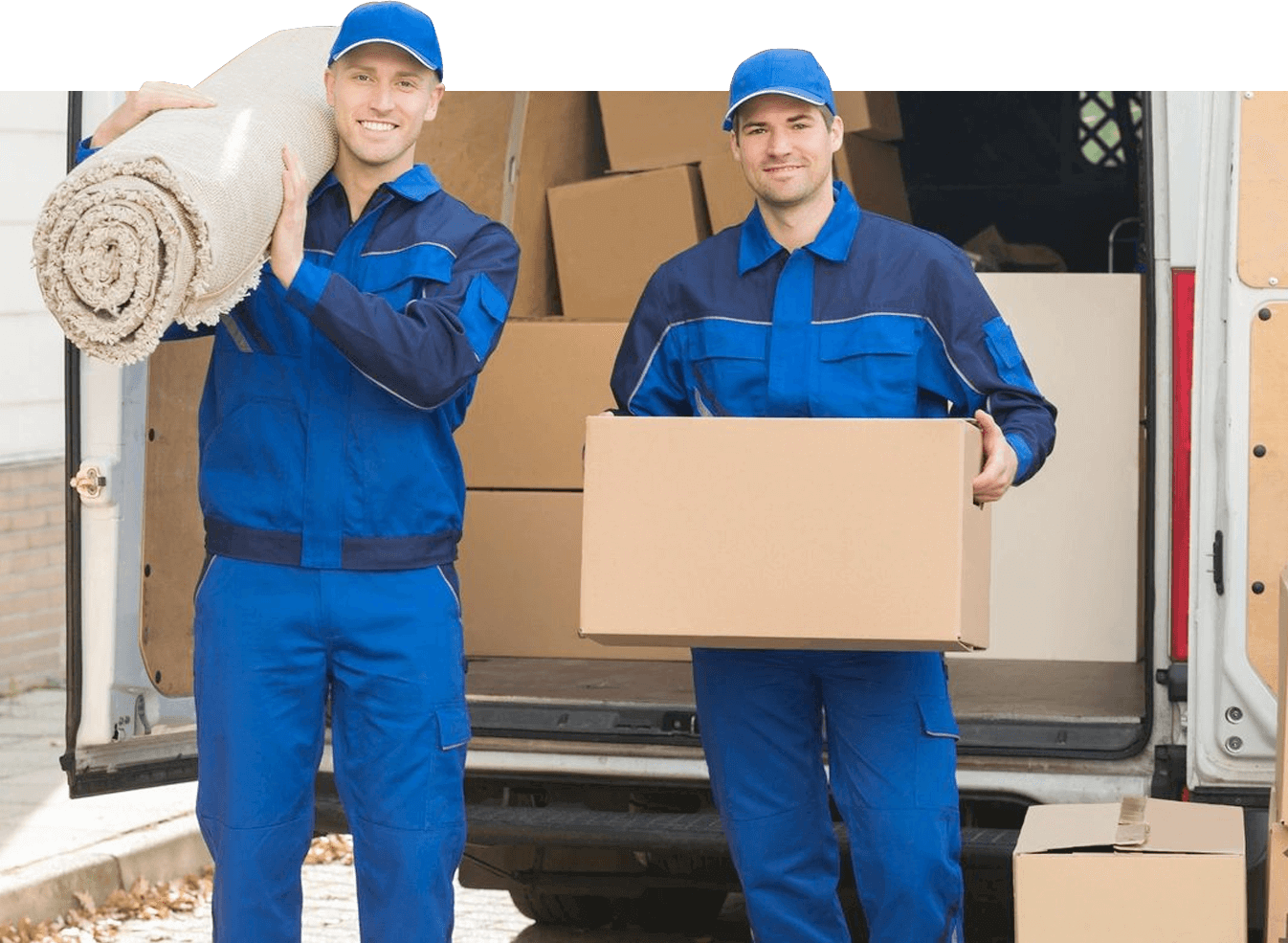 Delivery Man Unloading Cardboard Boxes From the Truck With His Colleague