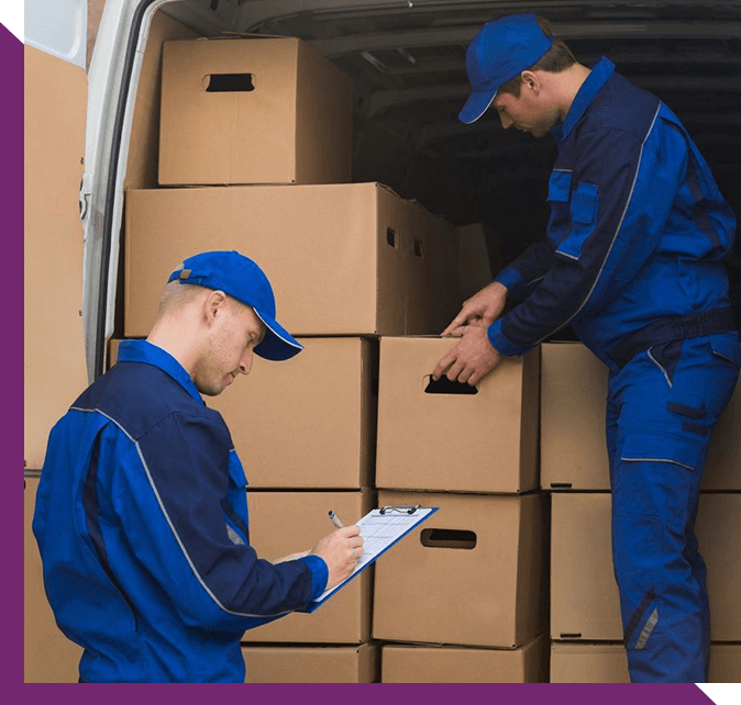 Delivery Man Unloading Cardboard Boxes From Truck While Colleague Writing on Clipboard