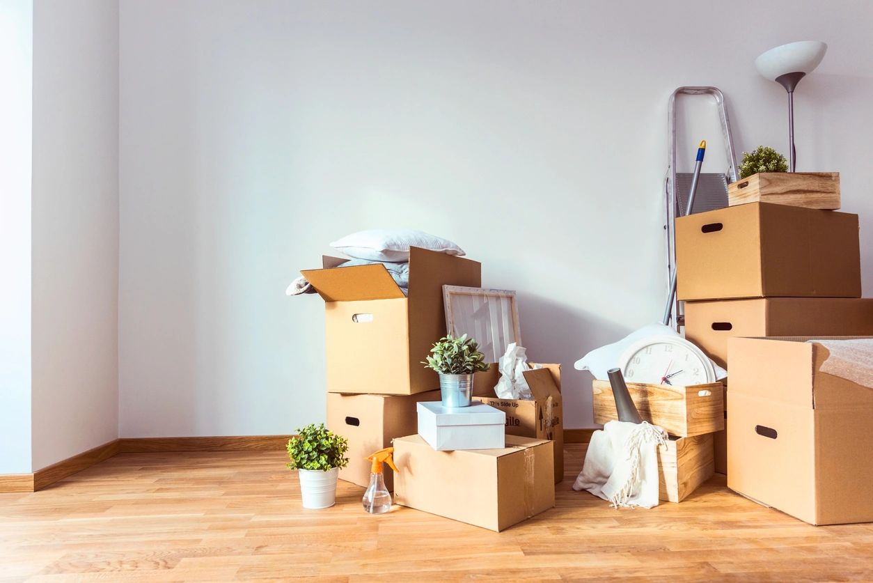 Empty Room Full of Cardboard Boxes and Cleaning Things for Moving Into a New Home