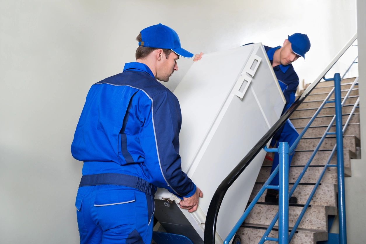 Young Male Movers Carrying Refrigerator While Climbing Steps at Home